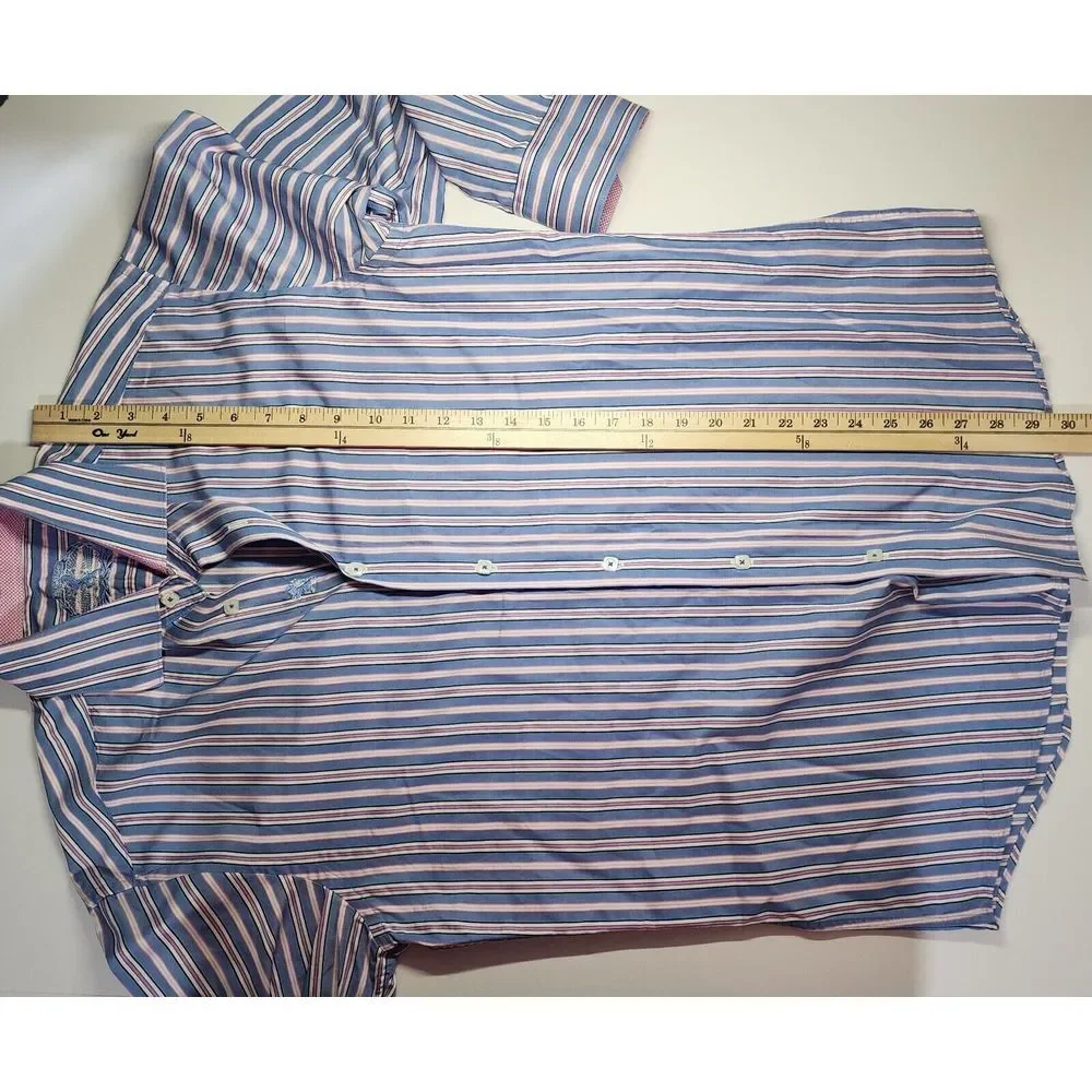 Bugatchi Mens Size Medium Long‎ Sleeve Button Down Blue/Pink Stripes